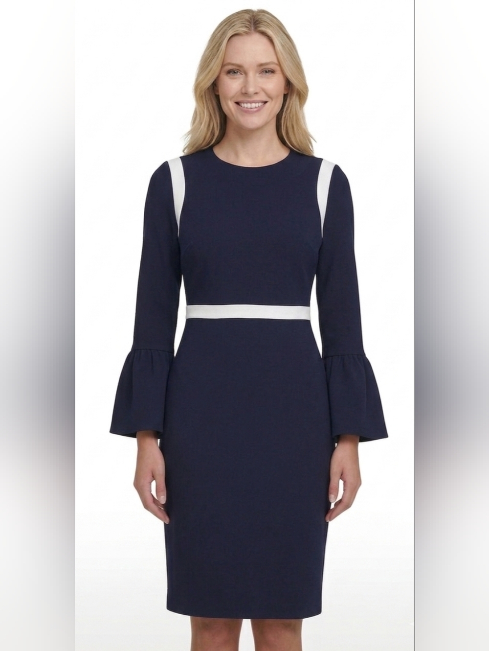 NWT Calvin Klein Navy Dress with White Trim and Bell Sleeves Size 8